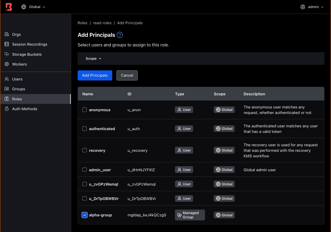 Select role principal