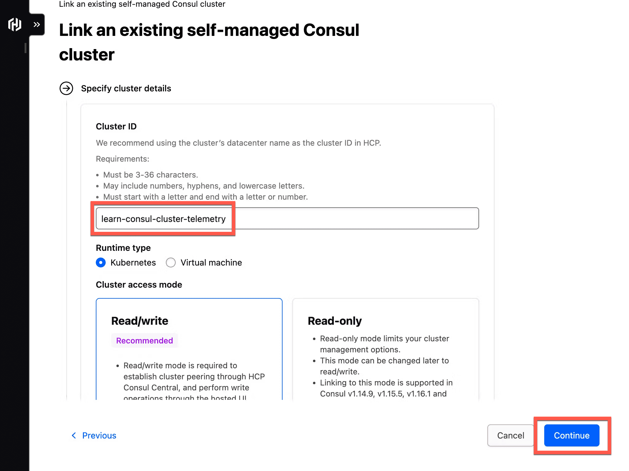 The specify cluster details portion of the link an existing self-managed Consul cluster page.