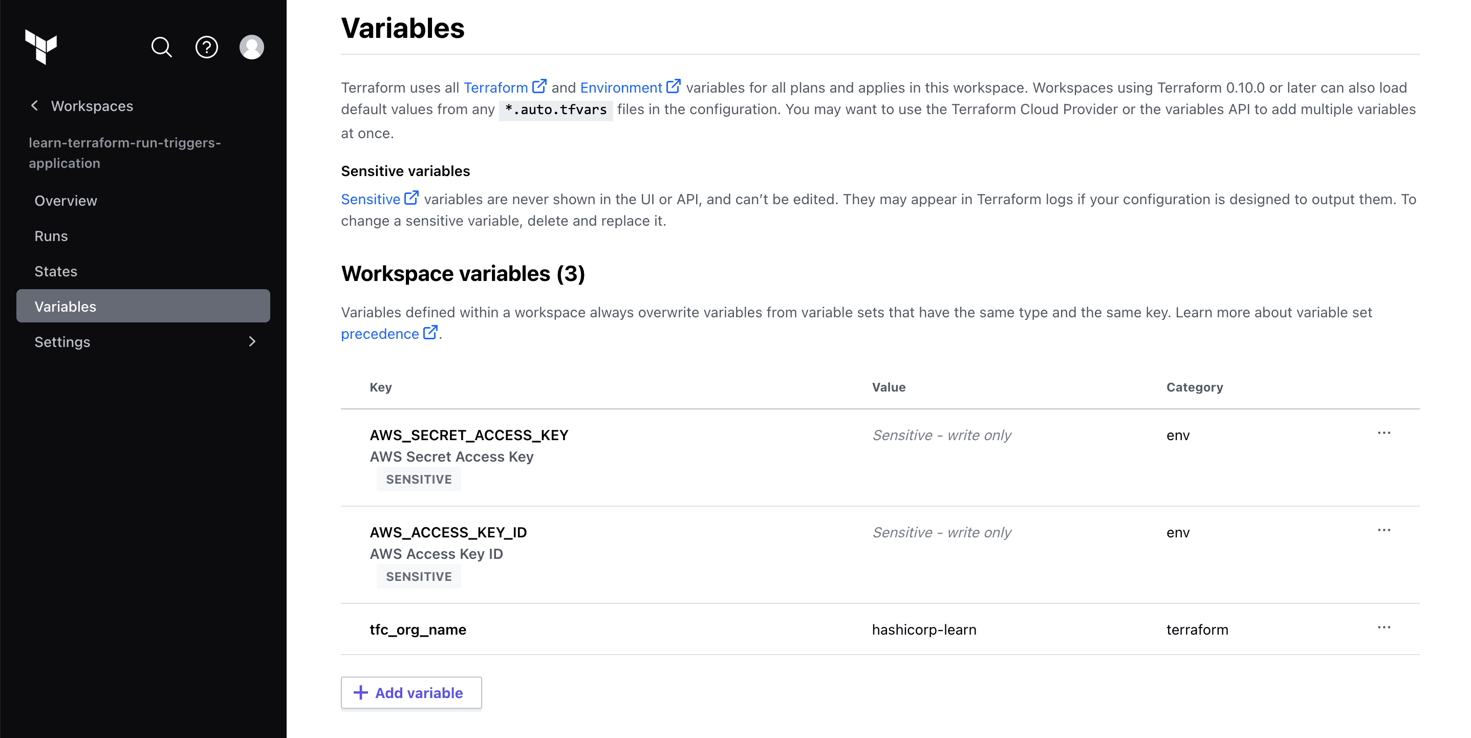 Workspace terraform variables interface