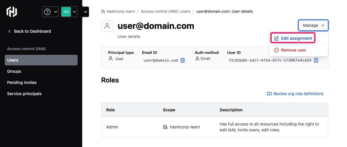 HCP user page with the edit assignment option highlighted